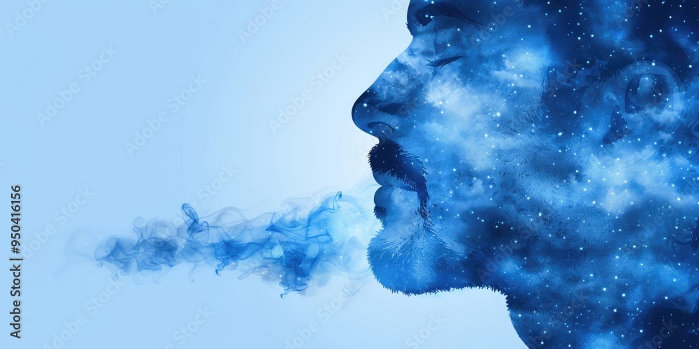 Man exhaling blue smoke with a cosmic design against a light blue background