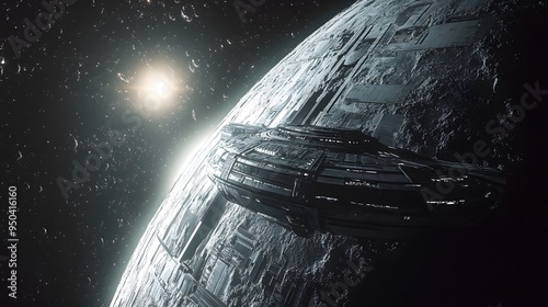 Fototapeta Naklejka Na Ścianę i Meble -  Distant planet with futuristic space station sleek spacecraft nearby cool tones metallic finishes highly detailed 3D rendering