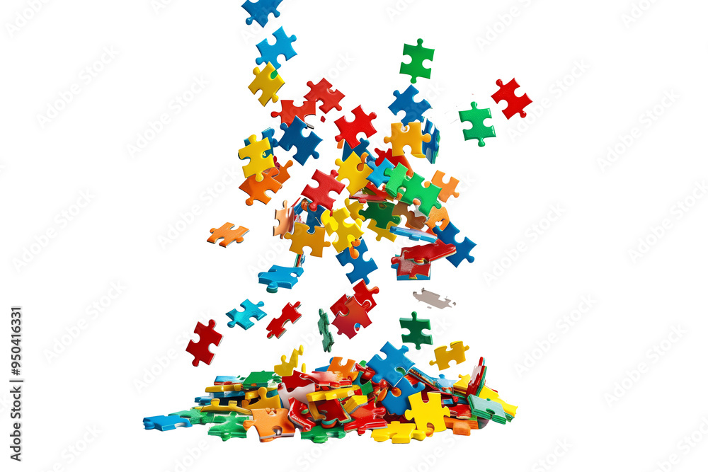 Dynamic capture of jigsaw puzzles falling from the top, suspended in mid air, isolated on a bright white background, rich colors, detailed textures, crisp and sharp image quality, Dynamic capture of jigsaw puzzles falling from the top, suspended in mid air, isolated on a bright white background, rich colors, detailed textures, crisp and sharp image quality,