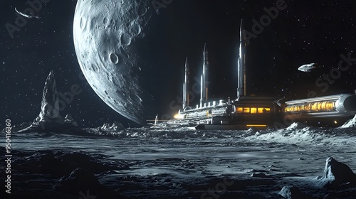 Fototapeta Naklejka Na Ścianę i Meble -  Distant planet with futuristic space station sleek spacecraft nearby cool tones metallic finishes highly detailed 3D rendering