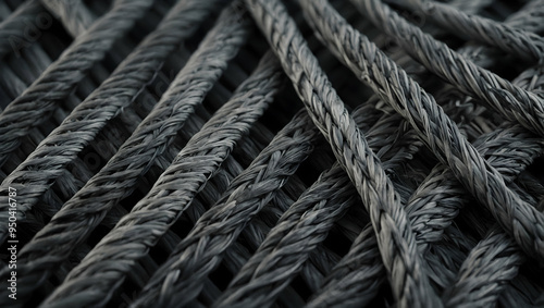 Black Braided Rope Texture: A close-up, abstract view of black braided rope, creating a textured and intricate pattern. The dark tones and woven strands evoke a sense of strength, durability,  photo