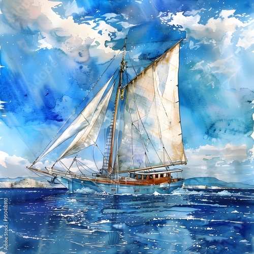 A watercolor painting of a sailboat with white sails sailing on the ocean under a blue sky with white clouds.