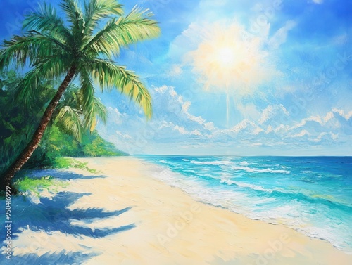 Tropical sun shining brightly over a palmlined beach, warm weather, summer vibes photo