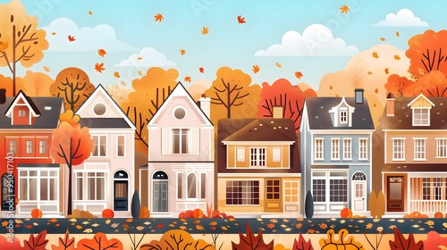 Autumn Street with Colorful Houses and Falling Leaves