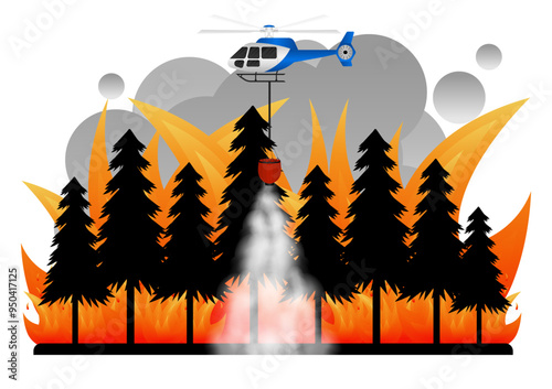 Firefighting Helicopter flying to  Extinguish Forest Fire. Wildfire. Burning Forest. Vector Illustration. 