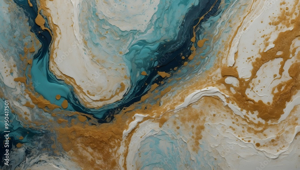 Abstract Swirls of Teal, Gold, and White: A mesmerizing abstract painting featuring swirling patterns of teal, gold, and white paint. The colors blend and flow, creating a sense of movement and energy Abstract Swirls of Teal, Gold, and White: A mesmerizing abstract painting featuring swirling patterns of teal, gold, and white paint. The colors blend and flow, creating a sense of movement and energy