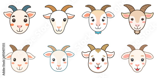 Illustration of multiple cute goat face characters, black outline