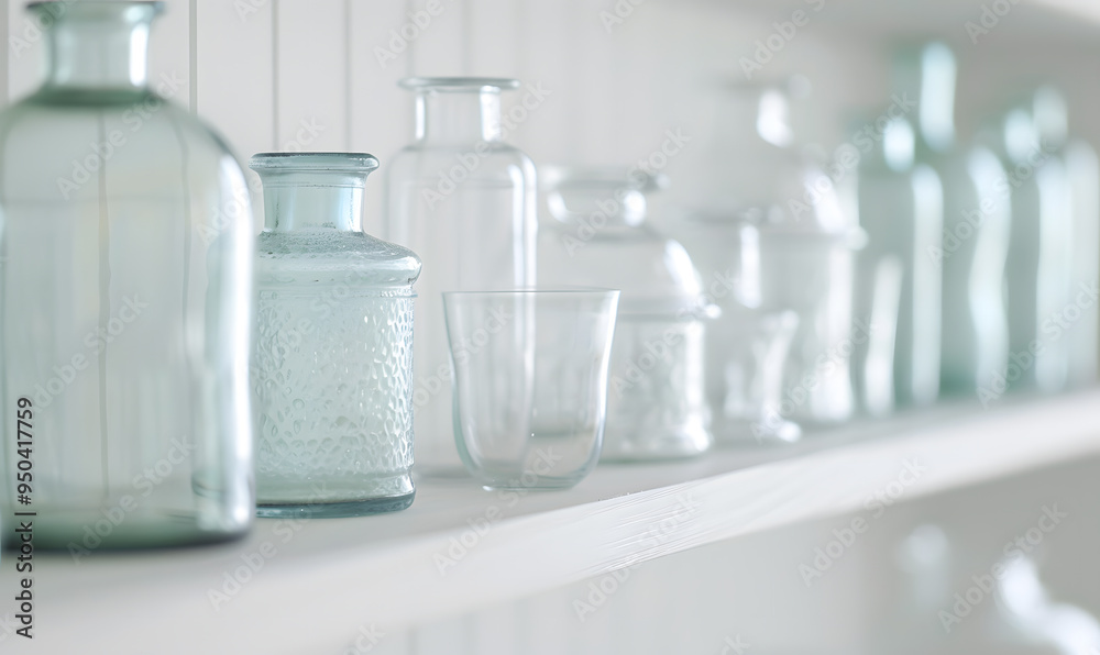 Row of empty glass jars on shelf, white background Row of empty glass jars on shelf, white background