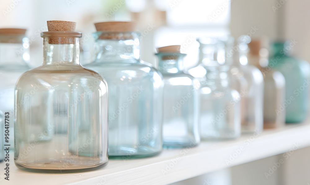 Row of empty glass jars on shelf, white background Row of empty glass jars on shelf, white background