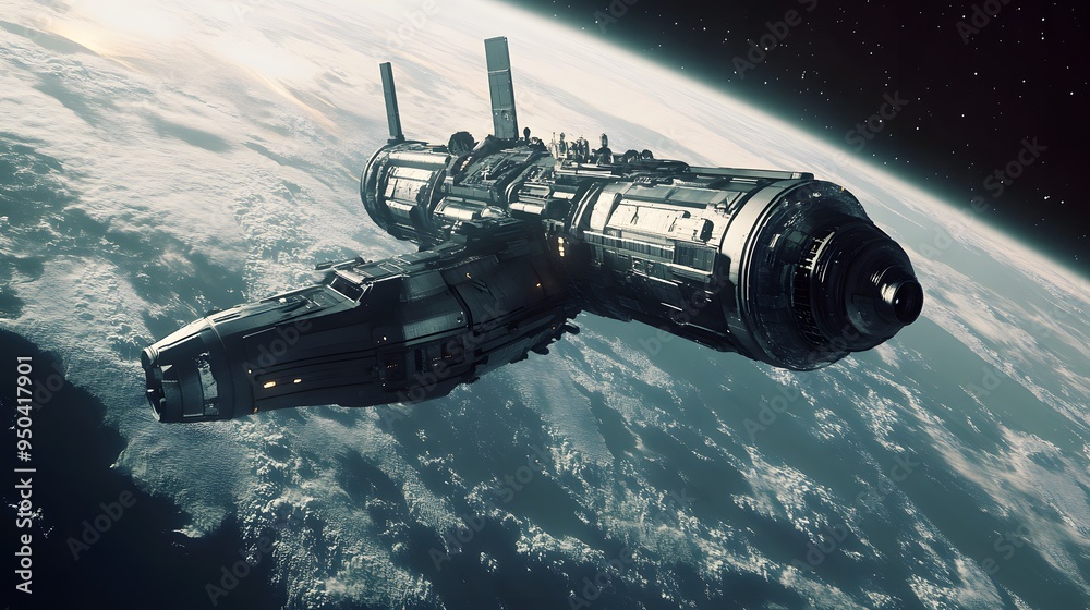 Fototapeta premium Orbiting space station sleek spacecraft near distant planet metallic finishes cool tones highly detailed 3D rendering