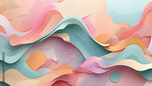 Pastel Dreamwaves: A mesmerizing abstract artwork featuring swirling waves of soft pink, blue, and yellow hues in a fluid and dynamic composition.  photo