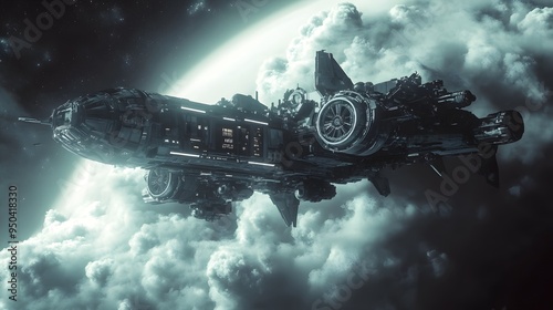 Fototapeta Naklejka Na Ścianę i Meble -  Orbiting space station sleek spacecraft near distant planet metallic finishes cool tones highly detailed 3D rendering