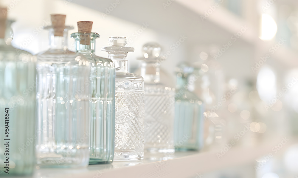 Row of empty glass jars on shelf, white background Row of empty glass jars on shelf, white background