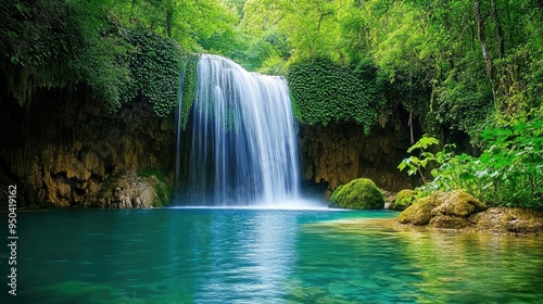 Stunning view of a waterfall surrounded by lush greenery, cascading into a clear pool below
