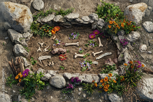 Unearthing History: A Stone Age Burial Site Adorned with Flowers and Bones Reflecting Ancient Rituals and Reverence. photo