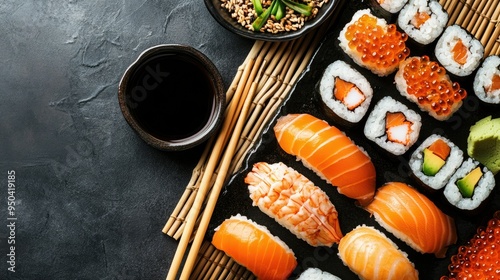 Sushi platter with assorted rolls, soy sauce, and chopsticks on a bamboo mat, top view