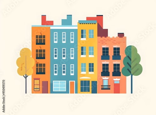 Colorful Illustration of Cityscape with Row of Houses and Trees