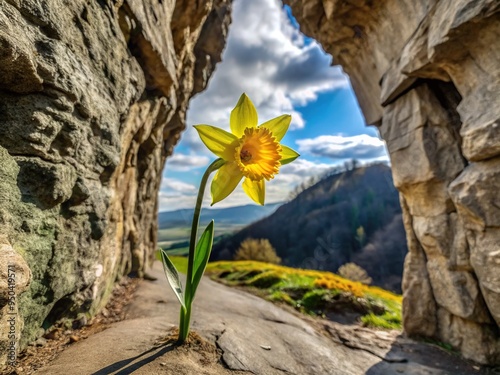 On a rugged mountain trail, a 3D cave painting depicts a delicate daffodil, its petals shattered like memories, its stem worn by time and weather. photo