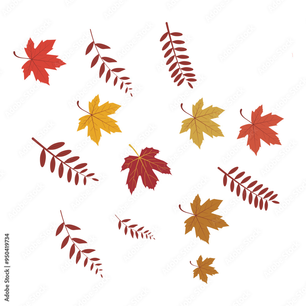 Set of autumn leaves from different trees, Hello autumn card. Flat vector illustration on white background, Hello autumn card. Set of autumn leaves from different trees, Hello autumn card. Flat vector illustration on white background, Hello autumn card.