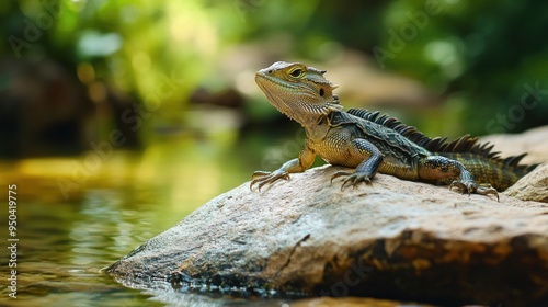 Water Dragon on a Rock by a Stream photo