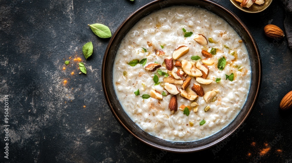 Top view of a bowl of kheer, a creamy rice dessert with cardamom and nuts Top view of a bowl of kheer, a creamy rice dessert with cardamom and nuts
