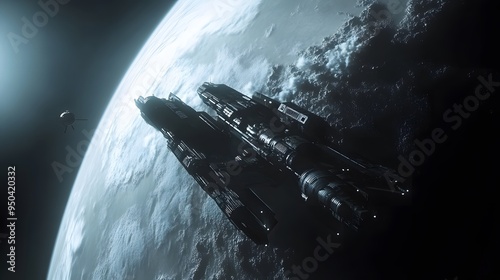 Fototapeta Naklejka Na Ścianę i Meble -  Space station orbiting distant planet with sleek spacecraft docking nearby metallic finishes cool tones highly detailed 3D rendering