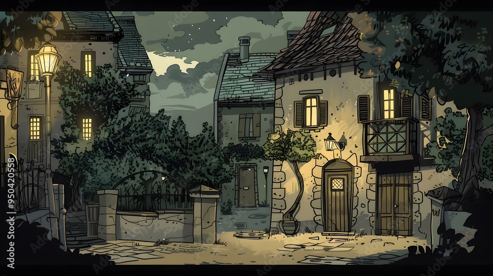 Nighttime Illustration of European Village Nighttime Illustration of European Village