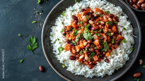 Top view of a plate of rice and beans, a classic and hearty dish