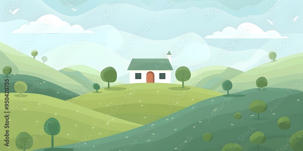 Fototapeta premium Green Hills With a Small House Illustration