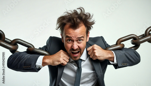 Stressed businessman pulling heavy chain around his neck photo