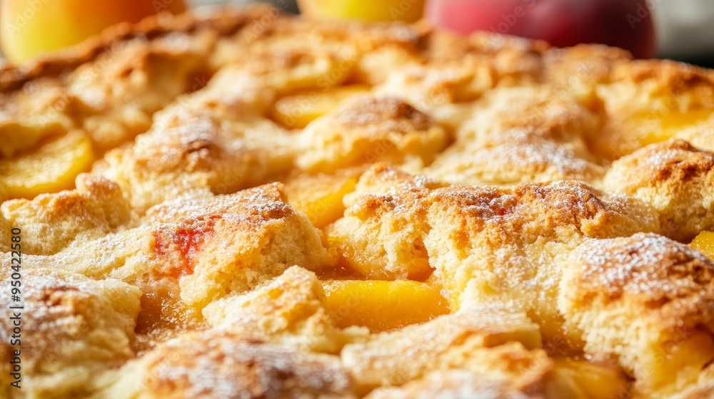 Delicious Peach Cobbler - Close-up of Baked Dessert with Sweet Peaches and Crispy Topping on Plain Background Delicious Peach Cobbler - Close-up of Baked Dessert with Sweet Peaches and Crispy Topping on Plain Background