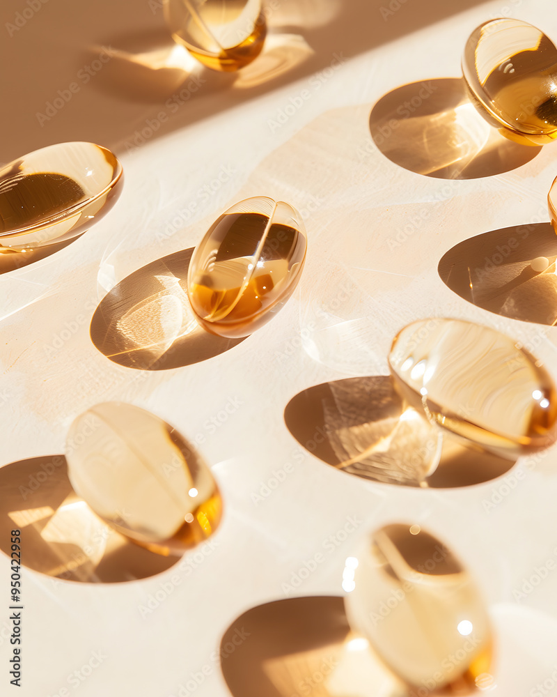 Heap of transparent fish oil capsules on yellow background Heap of transparent fish oil capsules on yellow background