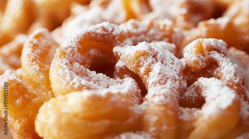 Irresistible Funnel Cake Delight: Close-up of Crispy Fried Dough Coated in Powdered Sugar on Neutral Background photo