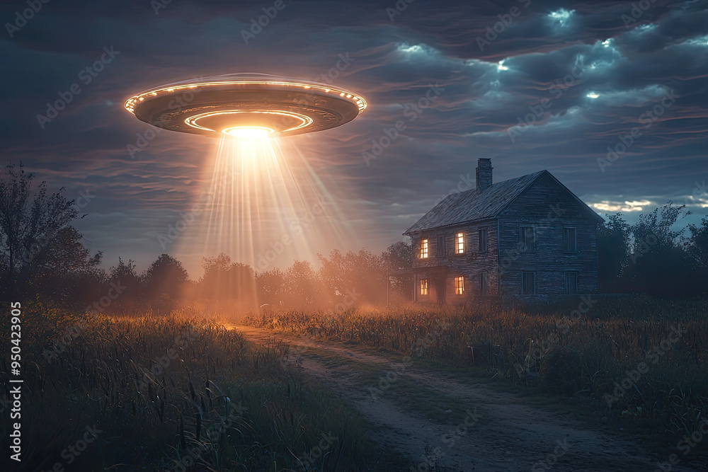 A UFO Descends Over a Remote Farmhouse, Illuminating the Night Sky with an Eerie Glow and Creating a Sense of Enigma. A UFO Descends Over a Remote Farmhouse, Illuminating the Night Sky with an Eerie Glow and Creating a Sense of Enigma.