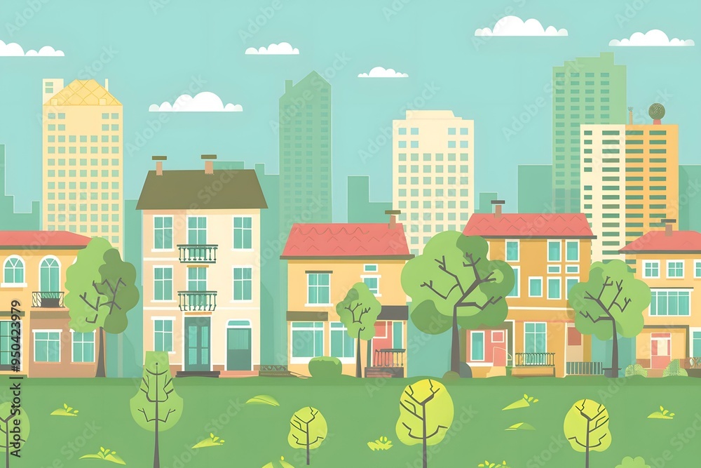 Colorful Illustration of a Cityscape with Green Trees and Buildings Colorful Illustration of a Cityscape with Green Trees and Buildings