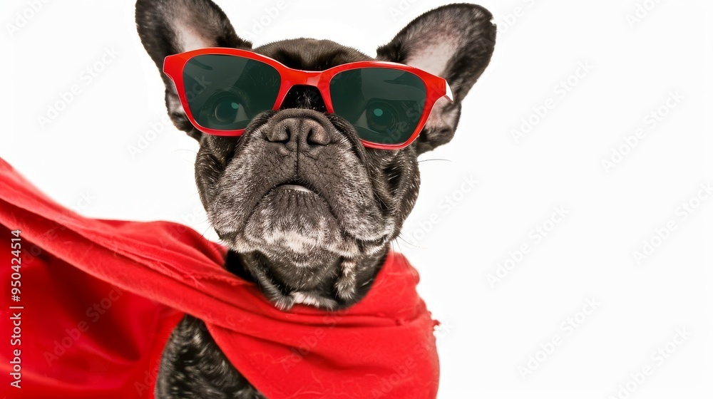 super hero french bulldog dog with red cape and sunglasses for justice and strenght on white background super hero french bulldog dog with red cape and sunglasses for justice and strenght on white background