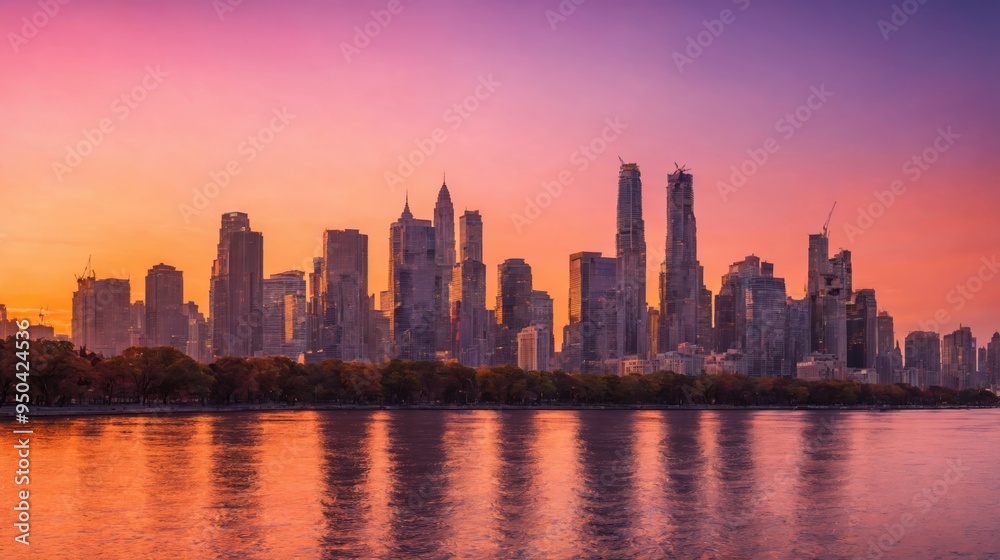 Obraz premium A stunning city skyline at sunset with tall skyscrapers and a dramatic, colorful sky. The warm hues of orange and purple blend seamlessly, casting a serene glow over the urban landscape.