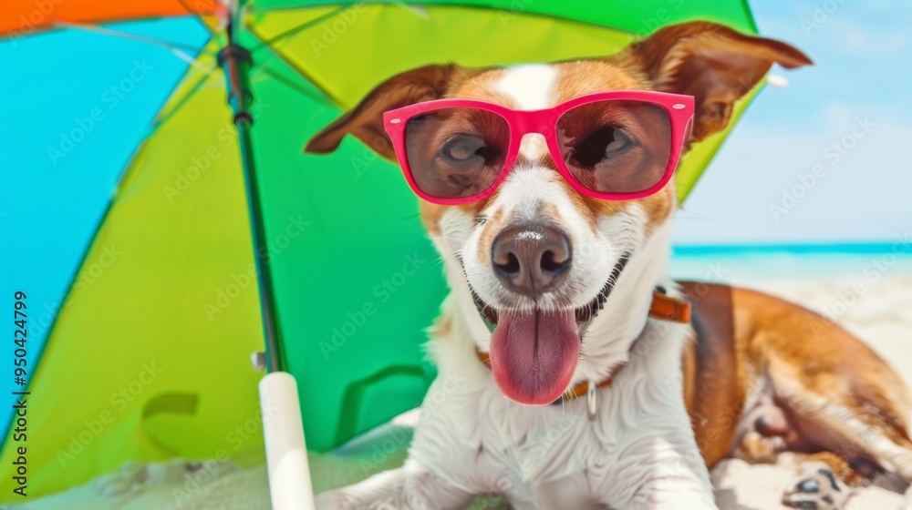 dog sunbathing with umbrella