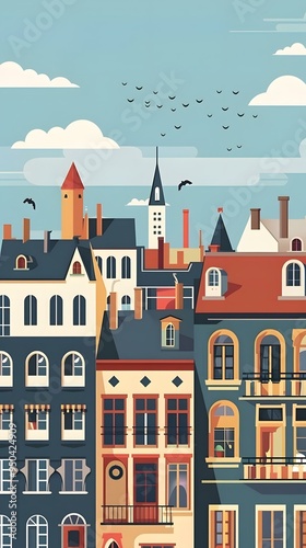 Colorful Illustration of Cityscape with Birds Flying