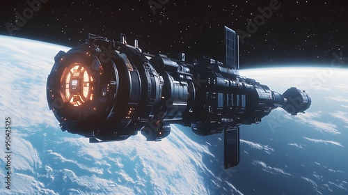 Fototapeta Naklejka Na Ścianę i Meble -  Futuristic space station with sleek spacecraft docking in orbit around distant planet metallic finishes cool tones highly detailed 3D rendering