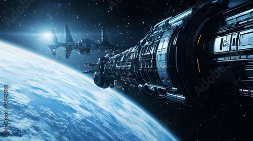 Fototapeta Naklejka Na Ścianę i Meble -  Futuristic space station with sleek spacecraft docking in orbit around distant planet metallic finishes cool tones highly detailed 3D rendering