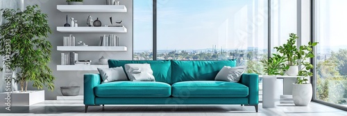 Contemporary space with aqua sofa, minimal shelves, and a large window view. photo