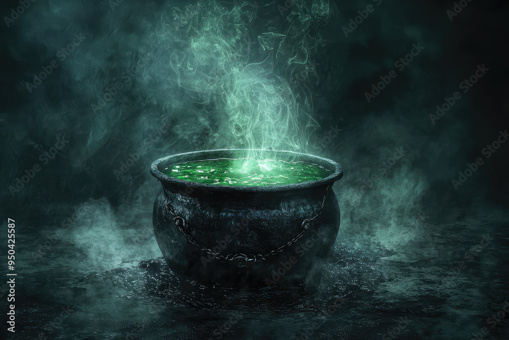 A mystical cauldron bubbling with vibrant green liquid, surrounded by dark mist, conjures an enchanting, eerie atmosphere. A mystical cauldron bubbling with vibrant green liquid, surrounded by dark mist, conjures an enchanting, eerie atmosphere.