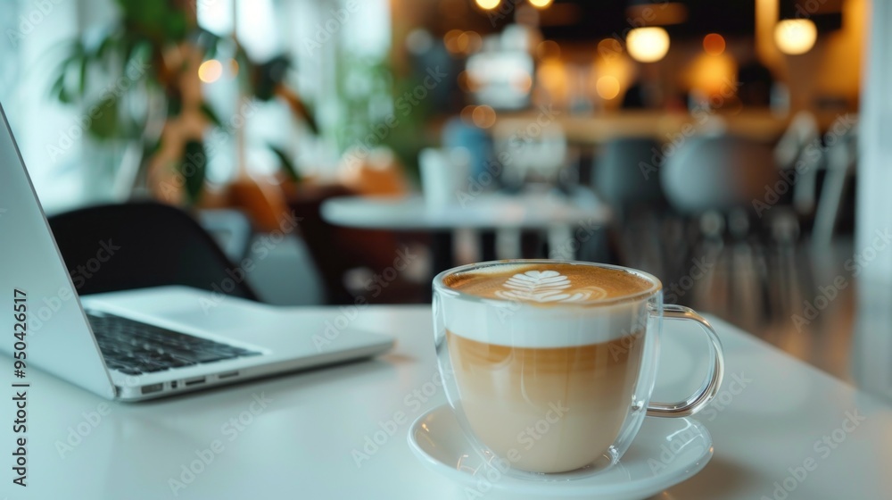 Fototapeta premium A cup of coffee sits on a table next to a laptop