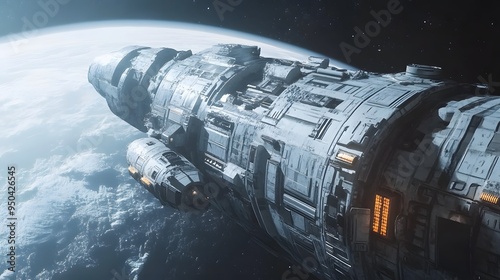 Fototapeta Naklejka Na Ścianę i Meble -  Distant planet with orbiting space station sleek spacecraft docking nearby cool tones metallic finishes highly detailed 3D rendering