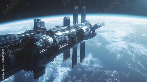 Fototapeta Naklejka Na Ścianę i Meble -  Distant planet with orbiting space station sleek spacecraft docking nearby cool tones metallic finishes highly detailed 3D rendering