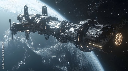 Fototapeta Naklejka Na Ścianę i Meble -  Orbiting space station with sleek spacecraft near distant planet metallic finishes cool tones highly detailed 3D rendering