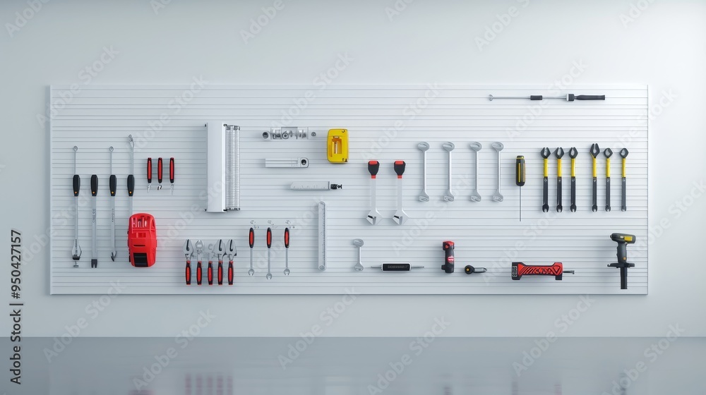 A white wall with a lot of tools on it A white wall with a lot of tools on it