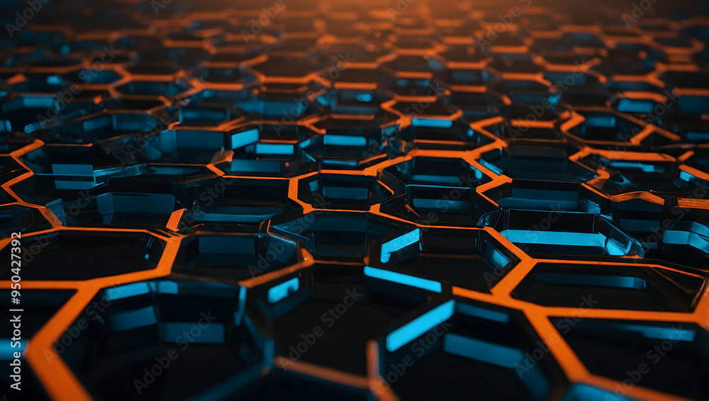 Fototapeta premium Abstract Hexagon Pattern with Glowing Edges: A mesmerizing background of vibrant geometric shapes, showcasing a captivating pattern of black hexagons with glowing orange and blue edges