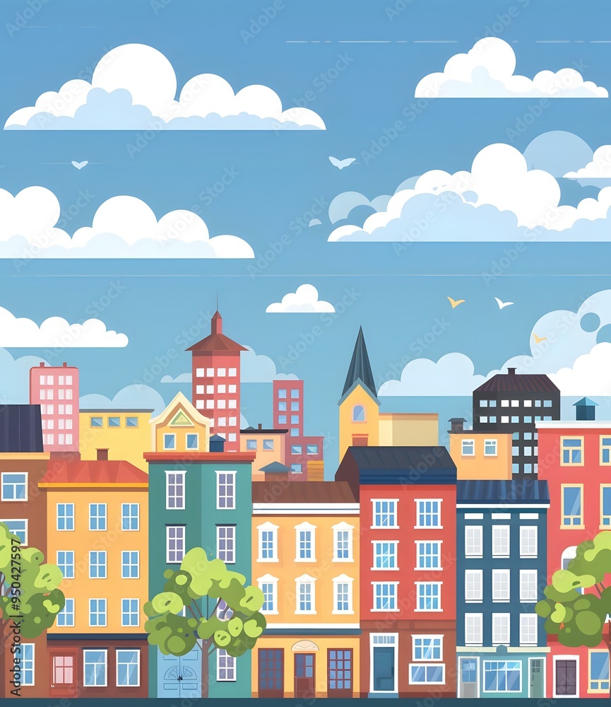 Naklejka premium Colorful Cityscape With Blue Sky And Fluffy Clouds Illustration